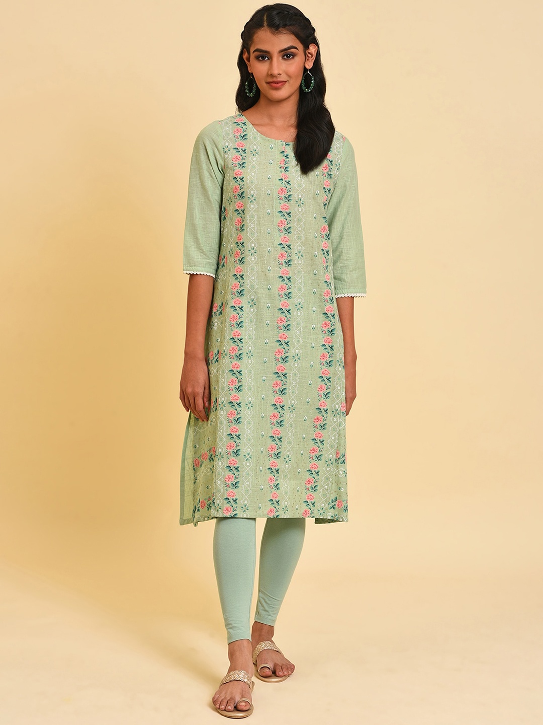 

W Floral Printed Pure Cotton Straight Kurta, Green