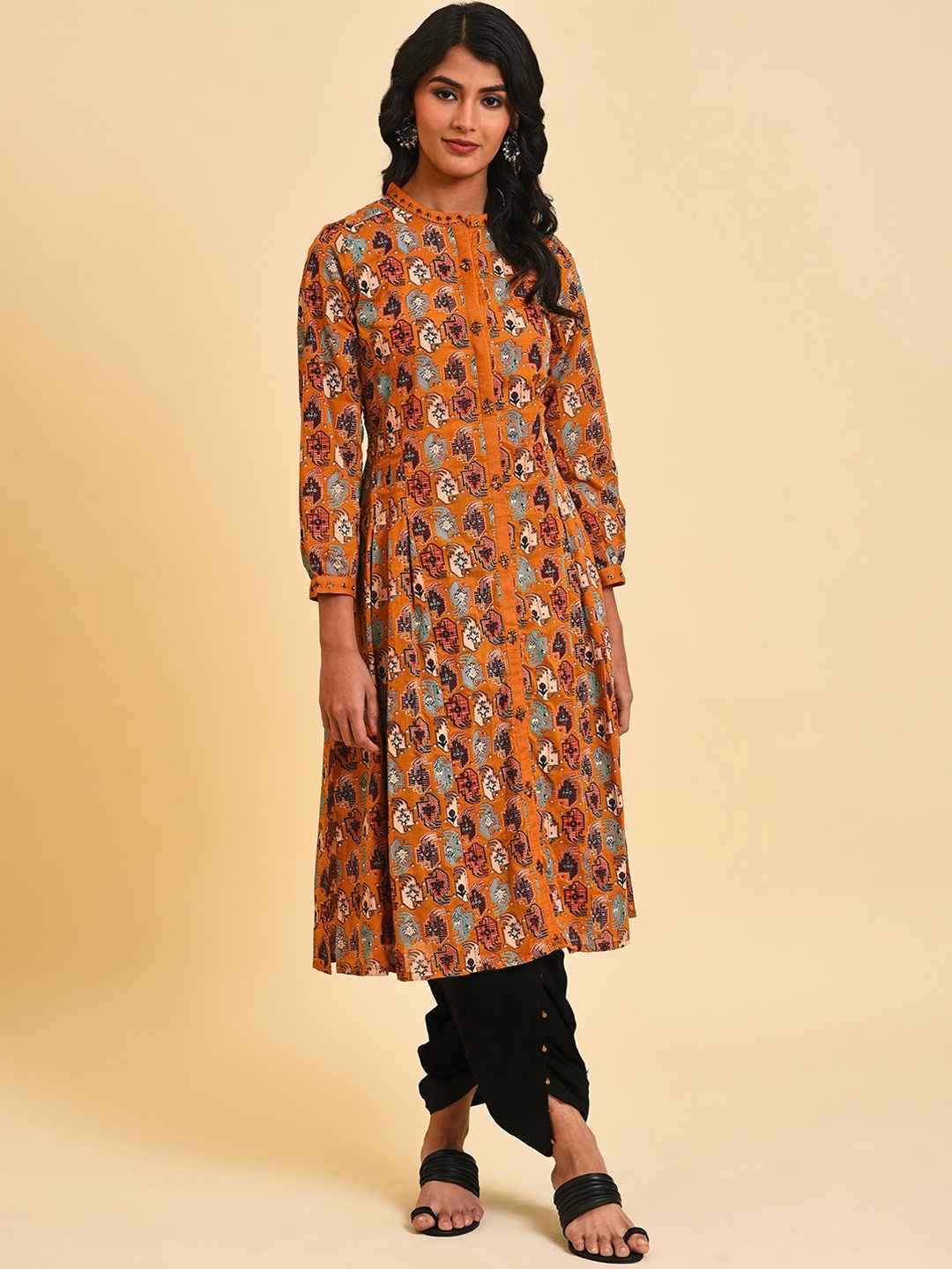 

W Ethnic Motifs Printed Mandarin Collar Pure Cotton Kurta with Dhoti Pants, Mustard