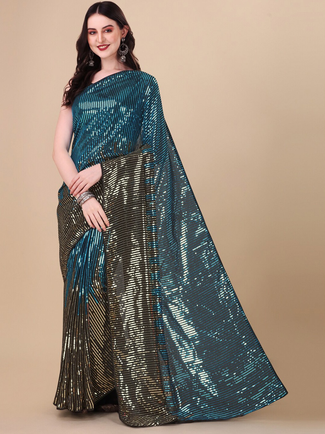

ORUS Sequinned Embellished Pure Georgette Saree, Blue