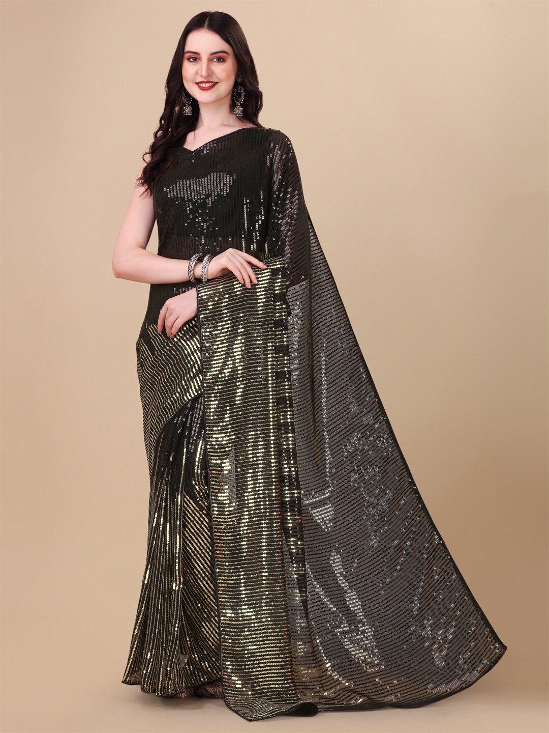

ORUS Embellished Sequinned Pure Georgette Saree, Black
