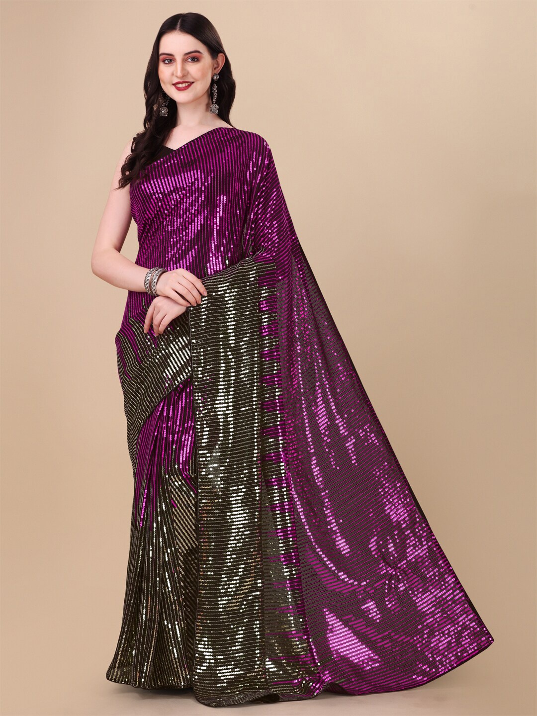 

ORUS Embellished Sequinned Pure Georgette Saree, Magenta