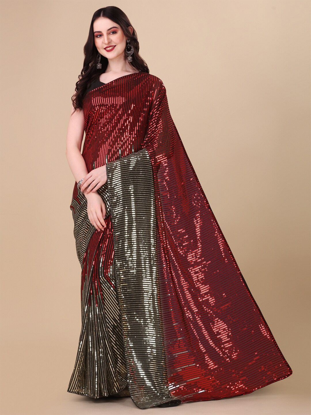 

ORUS Embellished Sequinned Pure Georgette Saree, Red