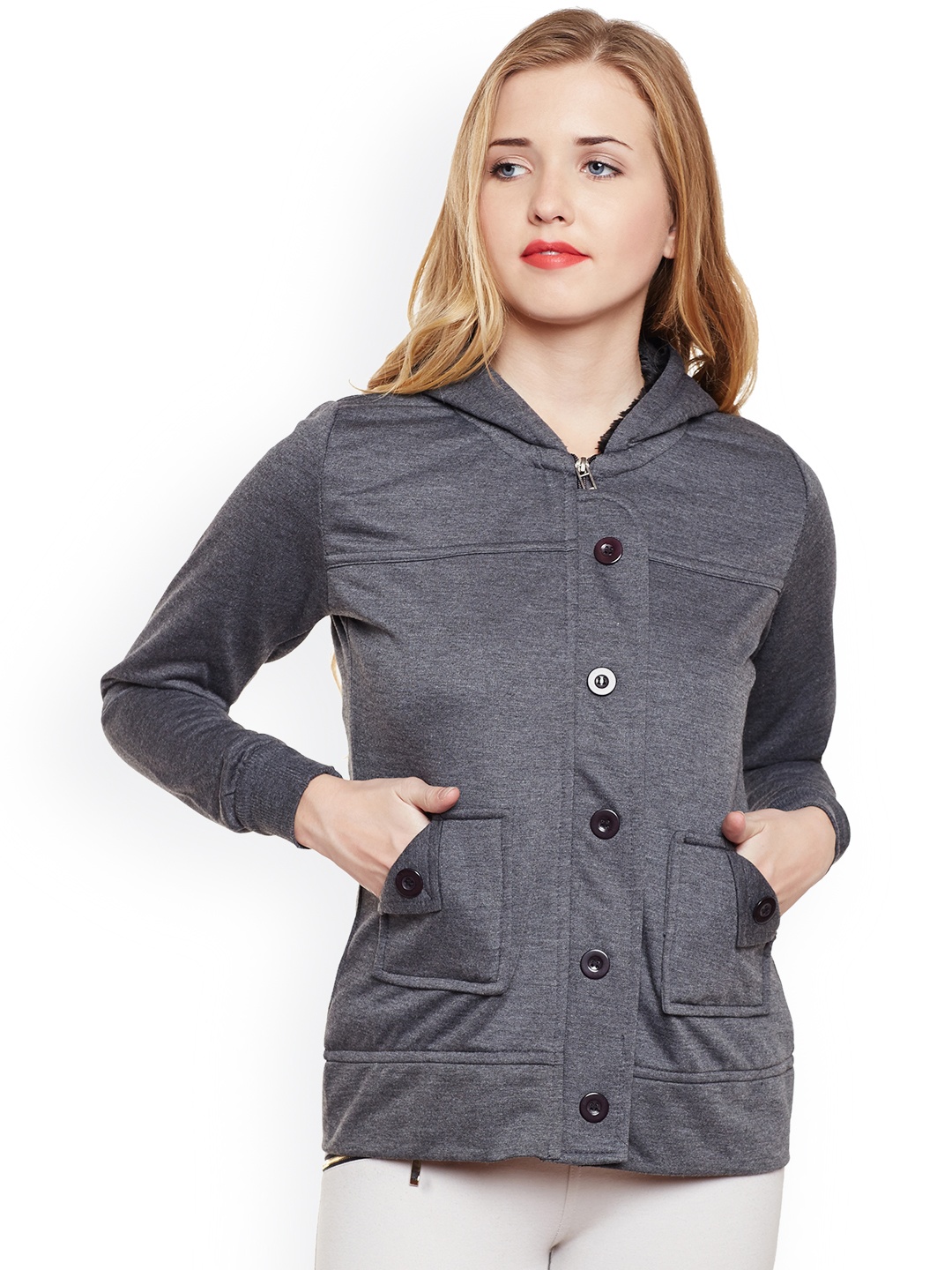 

Belle Fille Women Grey Solid Lightweight Hooded Bomber Jacket