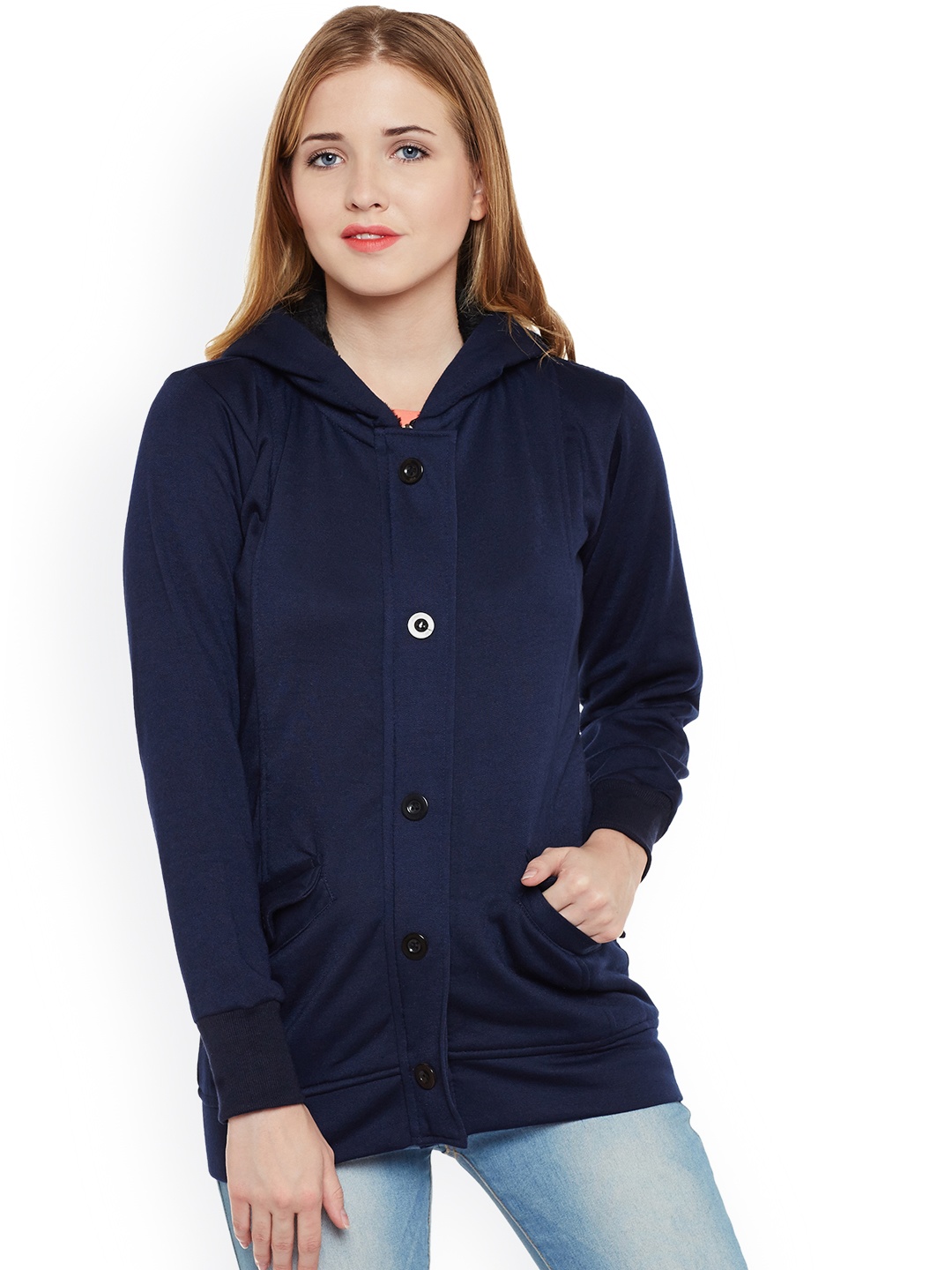 

Belle Fille Women Navy Blue Solid Lightweight Hooded Bomber Jacket