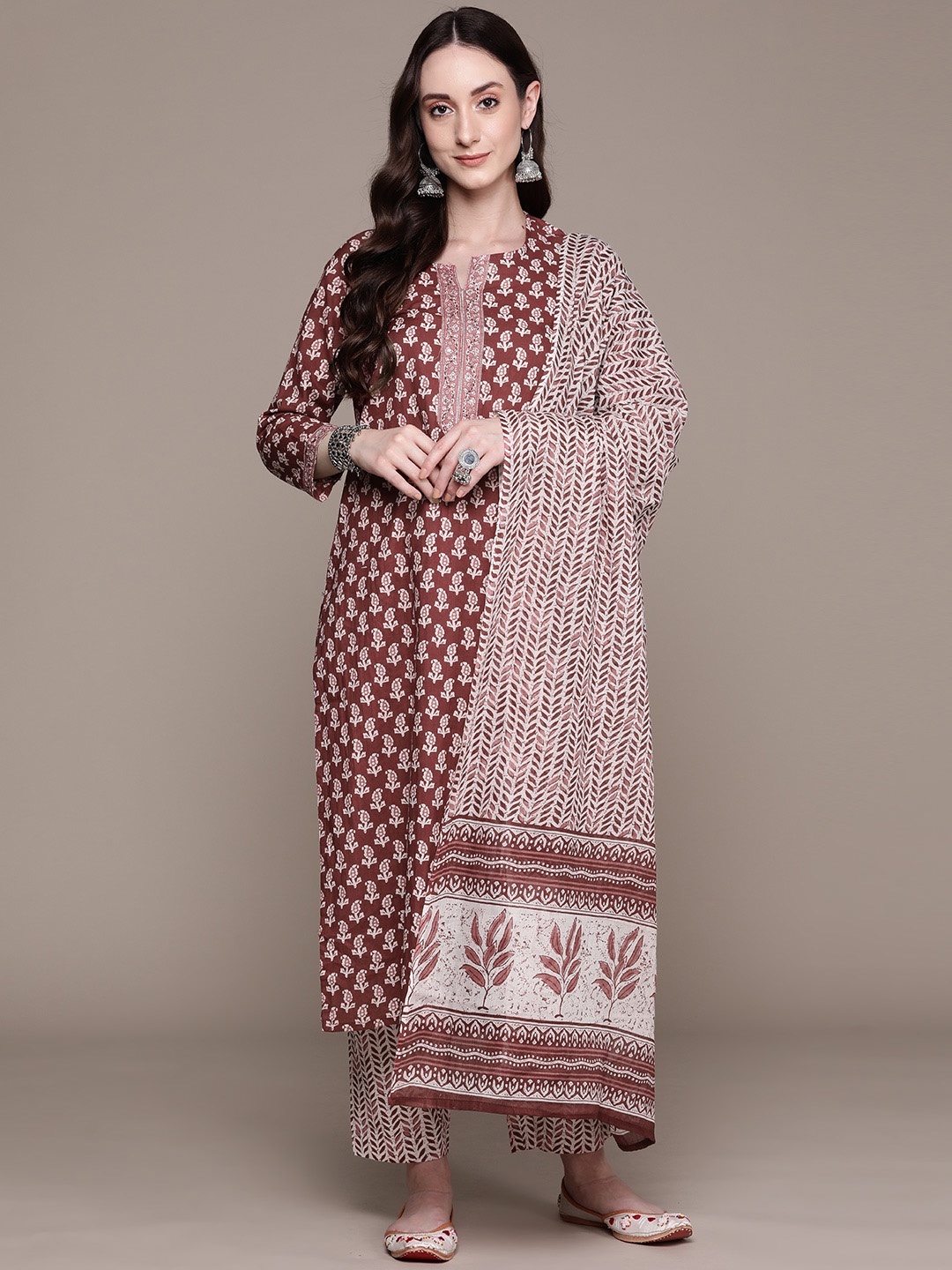 

Anubhutee Women Ethnic Motifs Printed Pure Cotton Kurta with Trousers & With Dupatta, Maroon