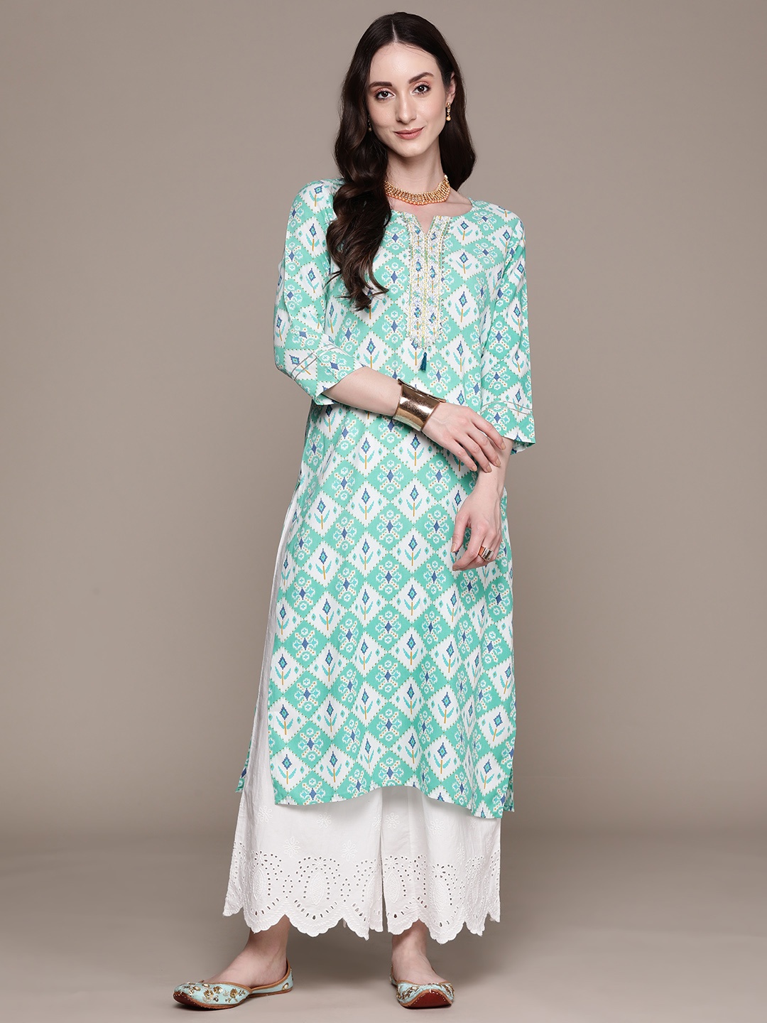 

Anubhutee Women Ethnic Motifs Printed Gotta Patti Kurta, Turquoise blue