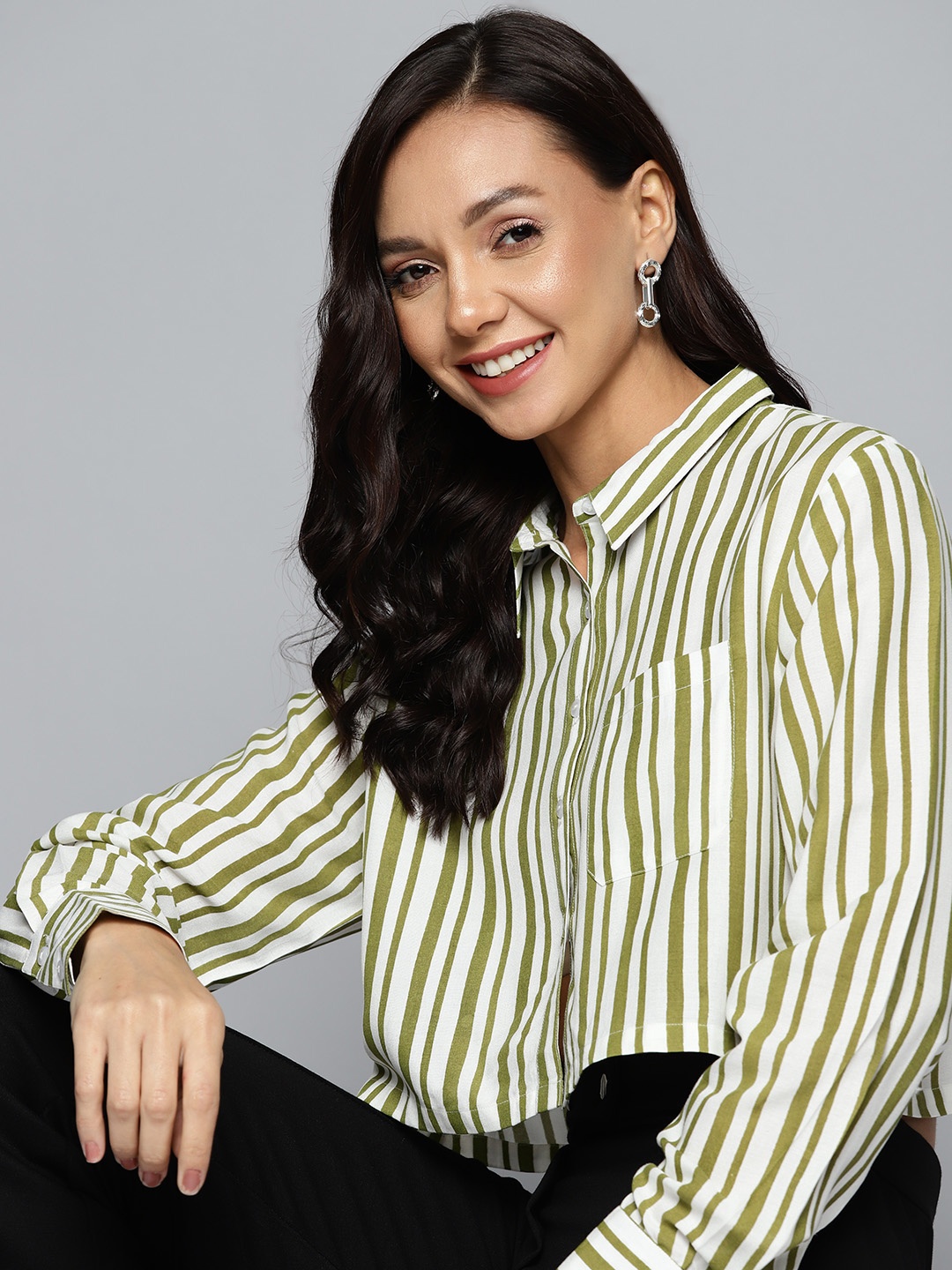 

HERE&NOW Classic Striped Casual Crop Shirt, Green