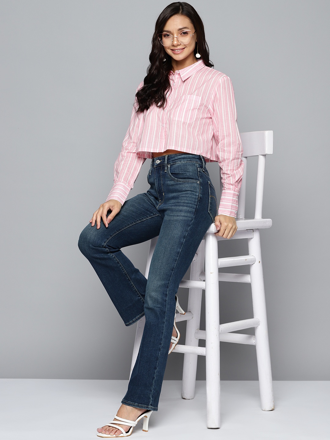 

HERE&NOW Classic Striped Casual Crop Shirt, Pink