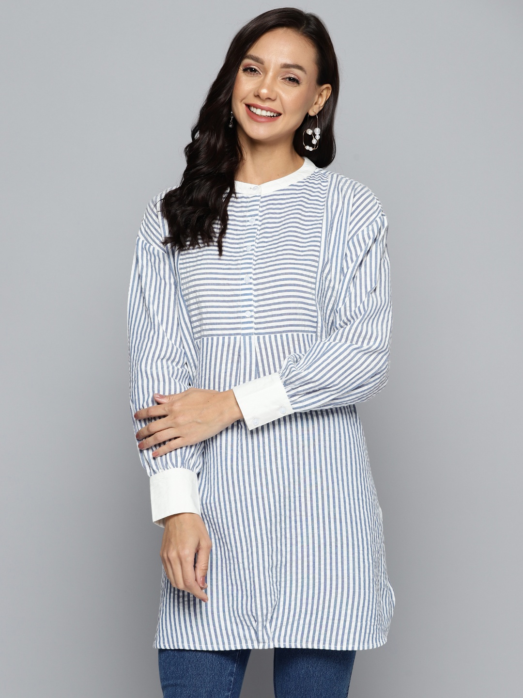 

HERE&NOW Striped Mandarin Collar Pure Cotton Kurti, Blue