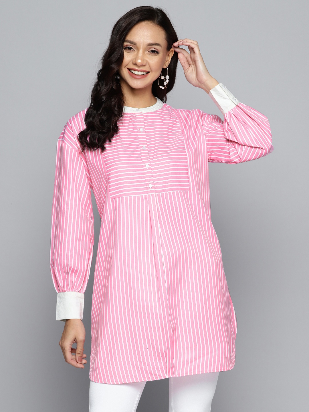 

HERE&NOW Striped Mandarin Collar Pure Cotton Kurti, Pink