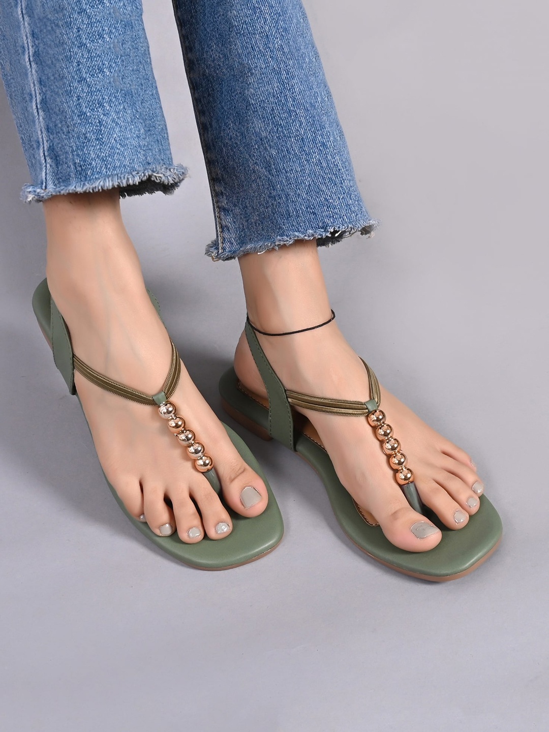 

Myra Women Embellished Open Toe Flats With Backstrap, Green