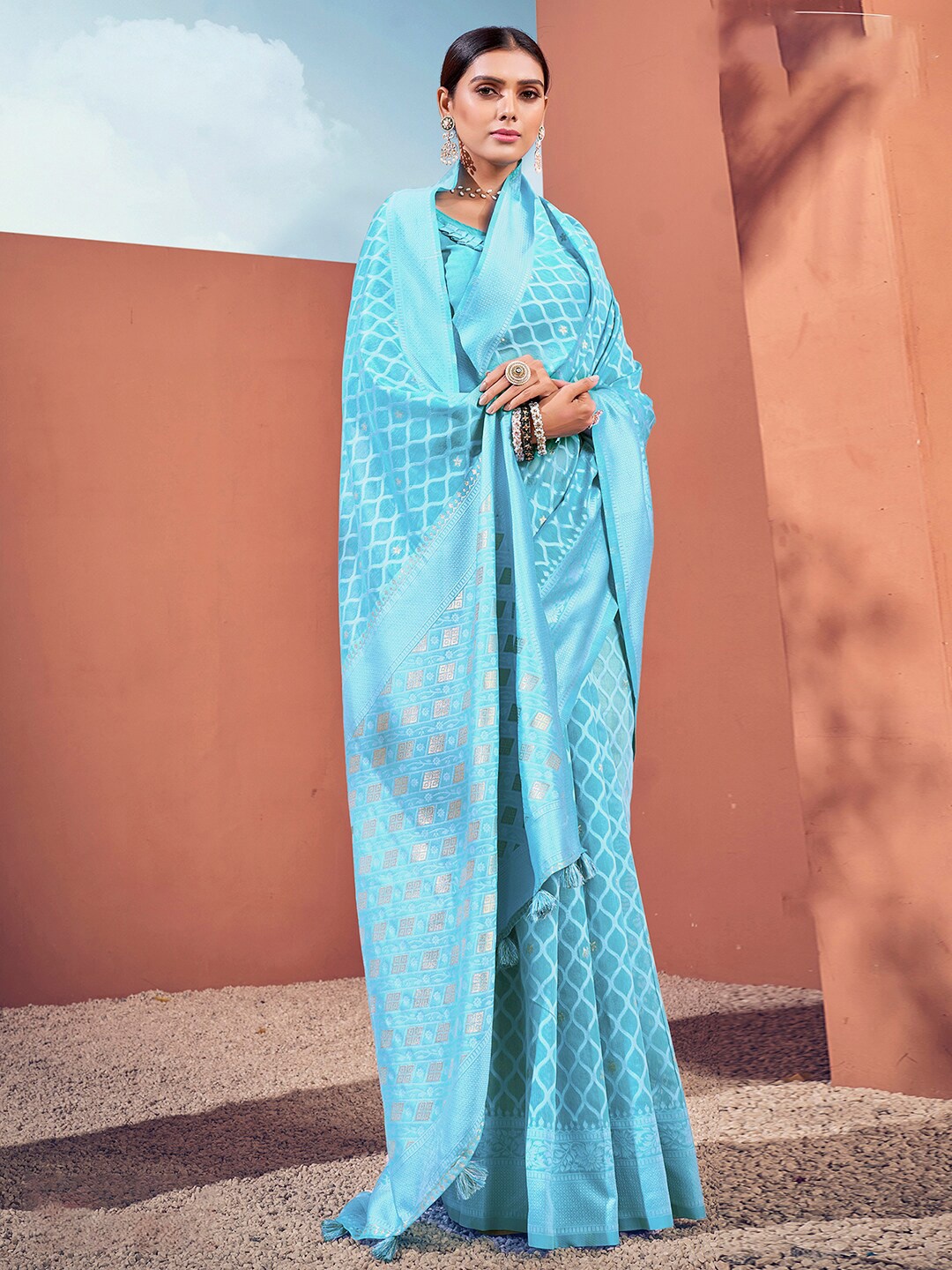 

Satrani Ethnic Motif Poly Cotton Zari Saree, Blue
