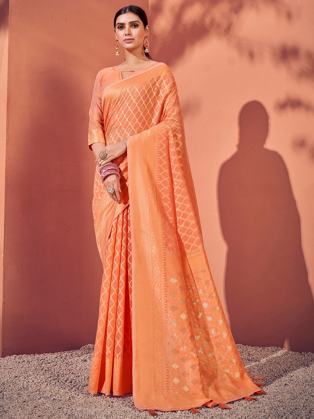 

Satrani Ethnic Motif Poly Cotton Zari Saree, Orange