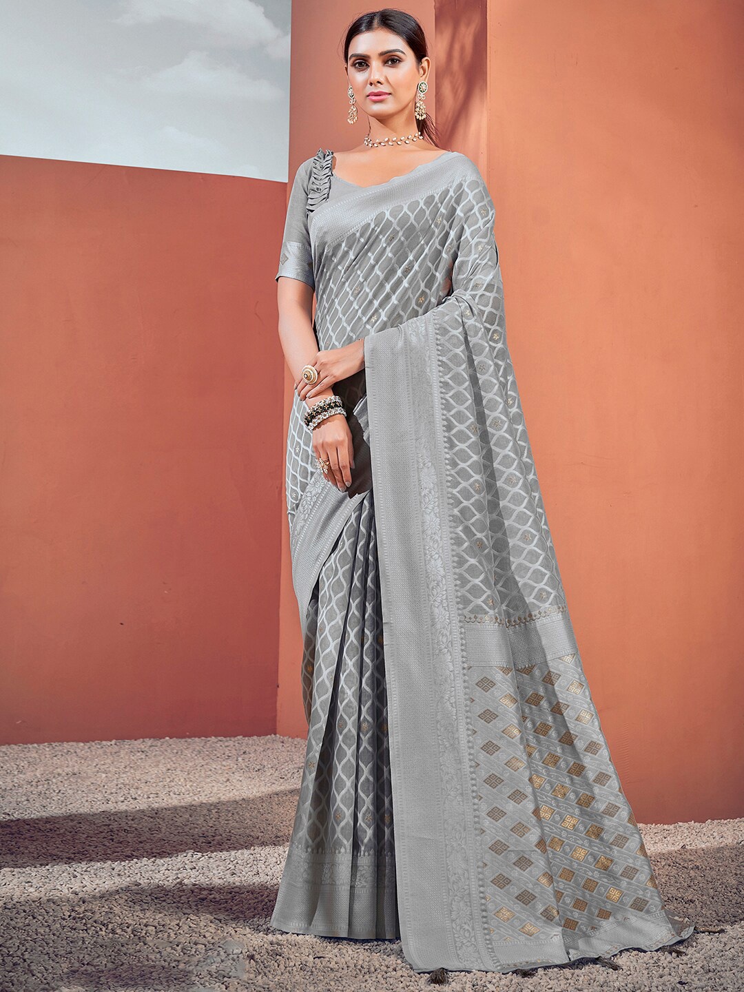 

Satrani Ethnic Motif Woven Design Zari Saree, Grey