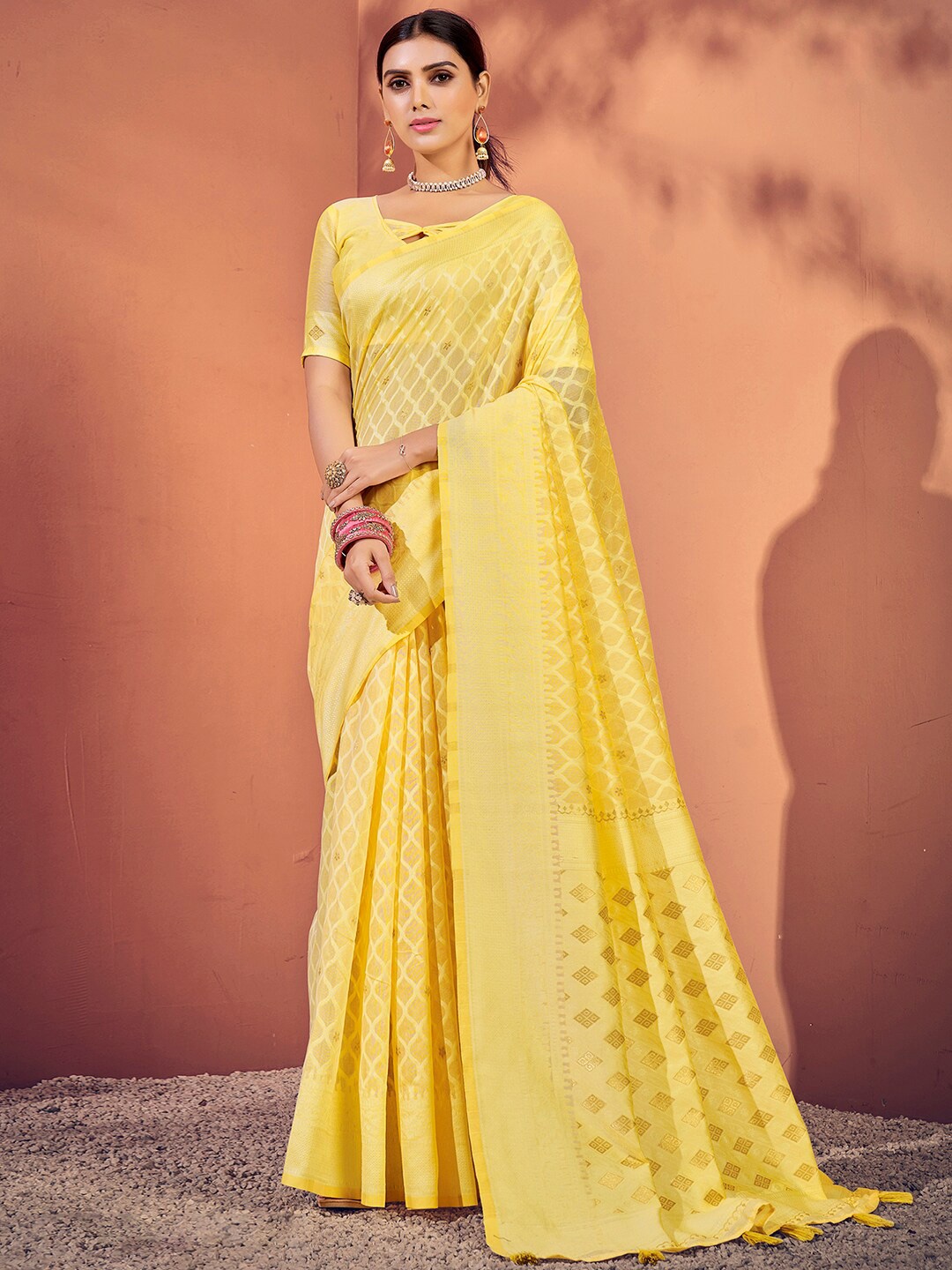 

Satrani Yellow & Gold-Toned Woven Design Zari Saree