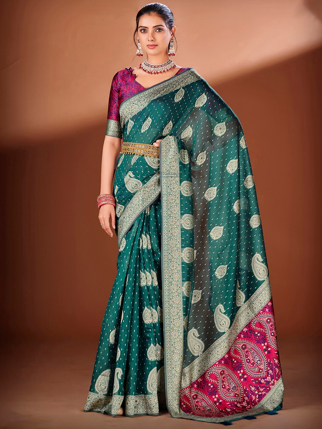 

Satrani Teal & Gold-Toned Woven Design Zari Belted Saree