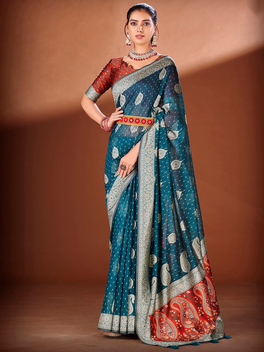 

Satrani Blue & Red Woven Design Zari Saree
