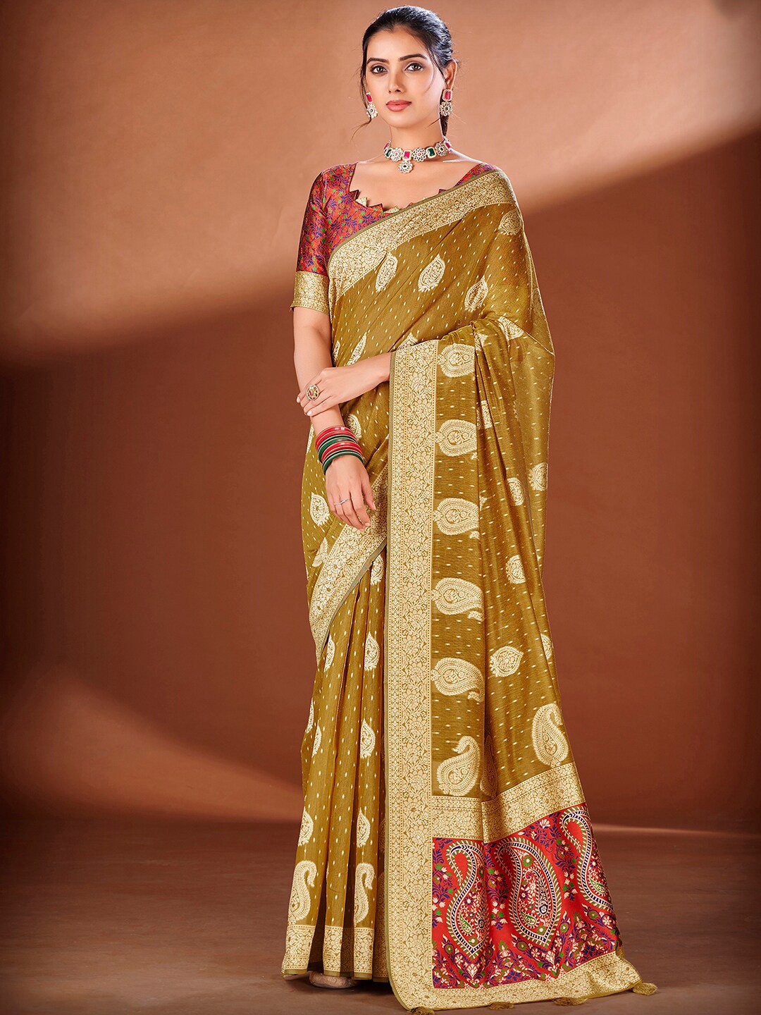 

Satrani Mustard & Red Woven Design Zari Saree