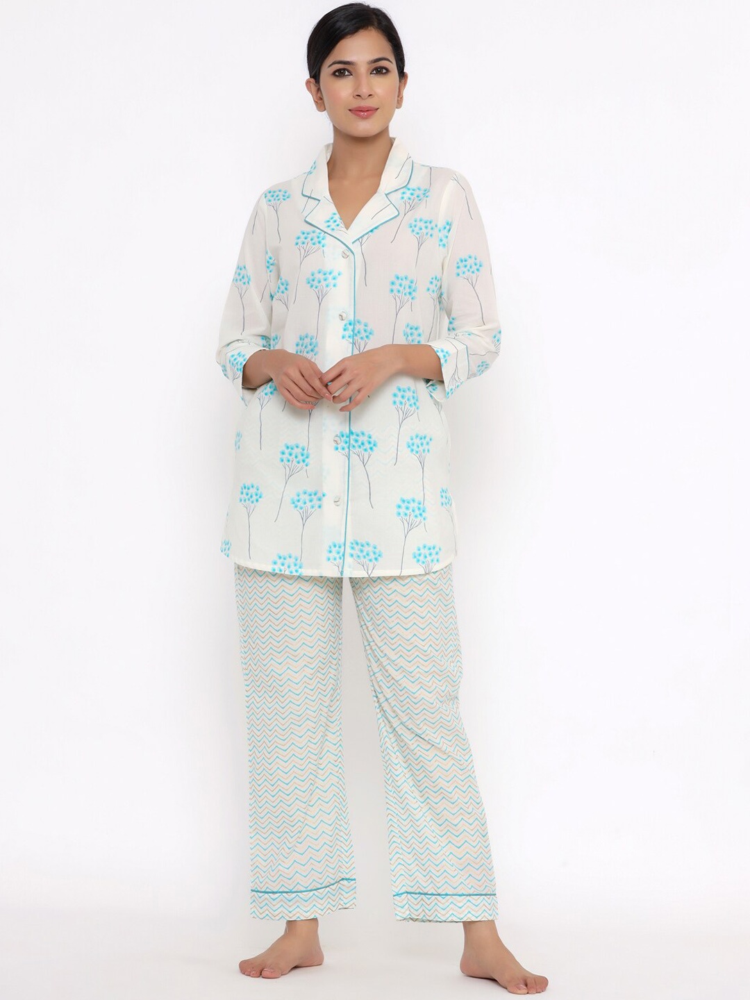 

Indian Virasat Floral Printed Pure Cotton Night Suit, White