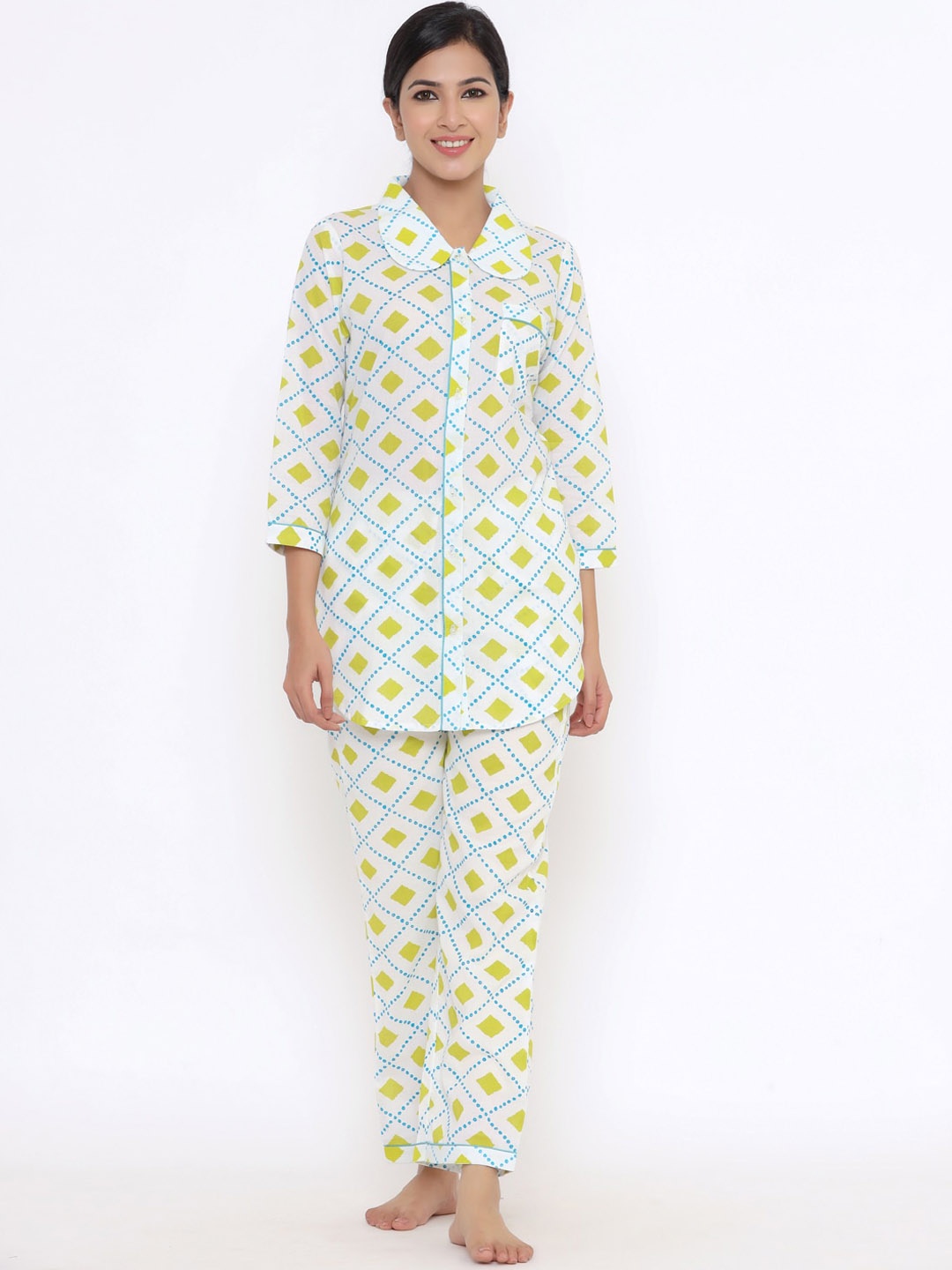 

Indian Virasat Geometric Printed Pure Cotton Night Suit, White