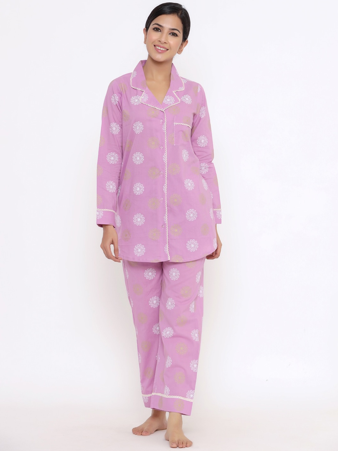 

Indian Virasat Floral Printed Pure Cotton Night Suit, Purple