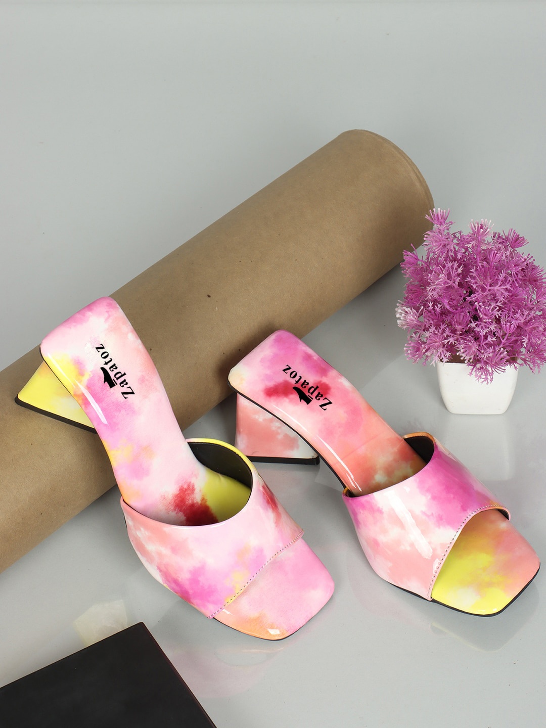 

ZAPATOZ Printed Comfortable Open Toe Block Heels, Pink