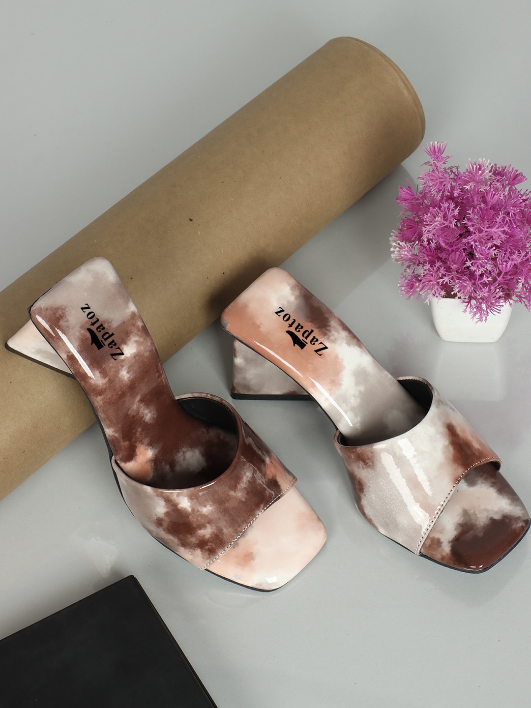 

ZAPATOZ Printed Comfortable Open Toe Block Heels, Brown