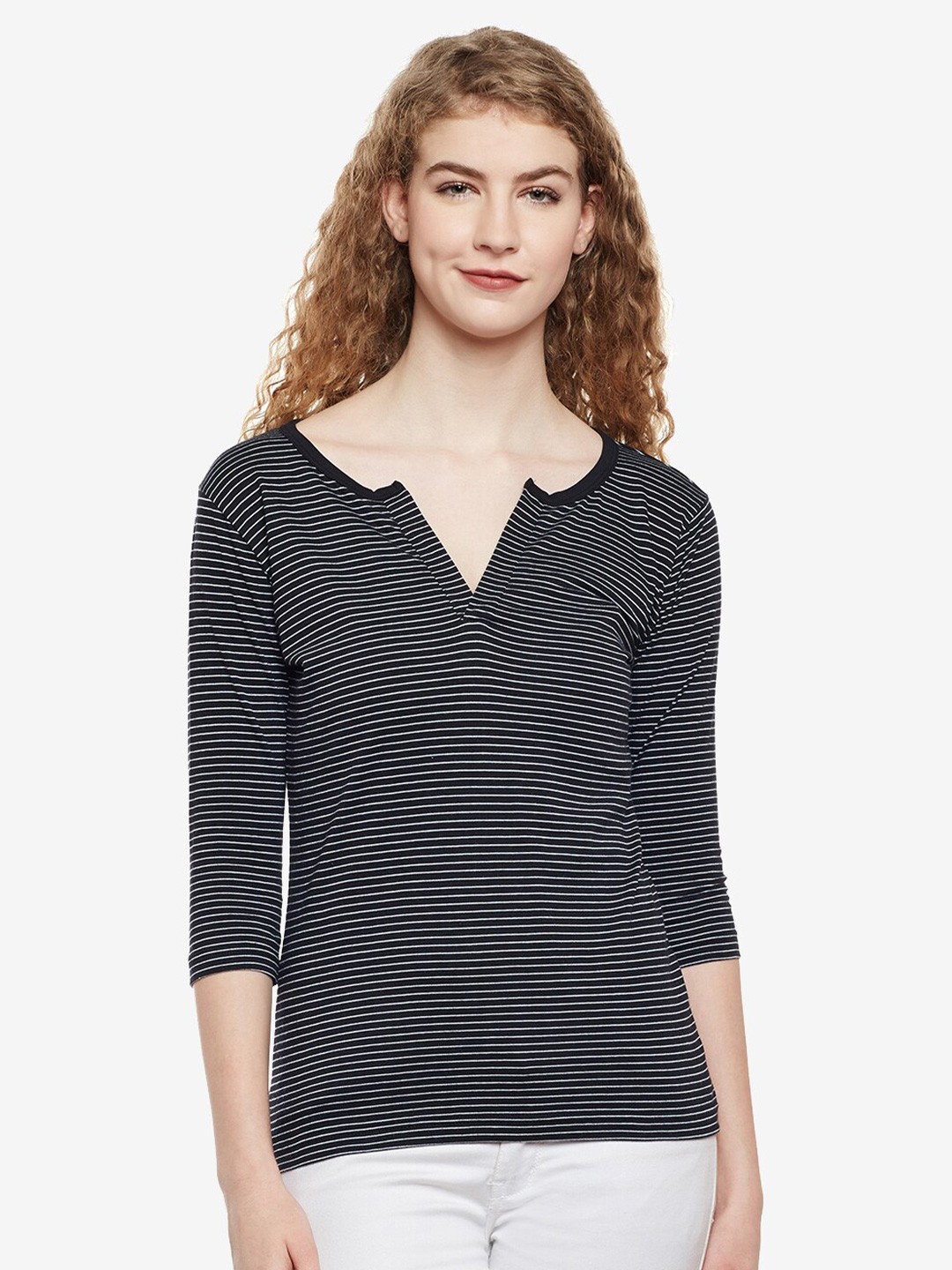 

Hypernation Women Black Striped Henley Neck Pure Cotton Pockets Slim Fit T-shirt