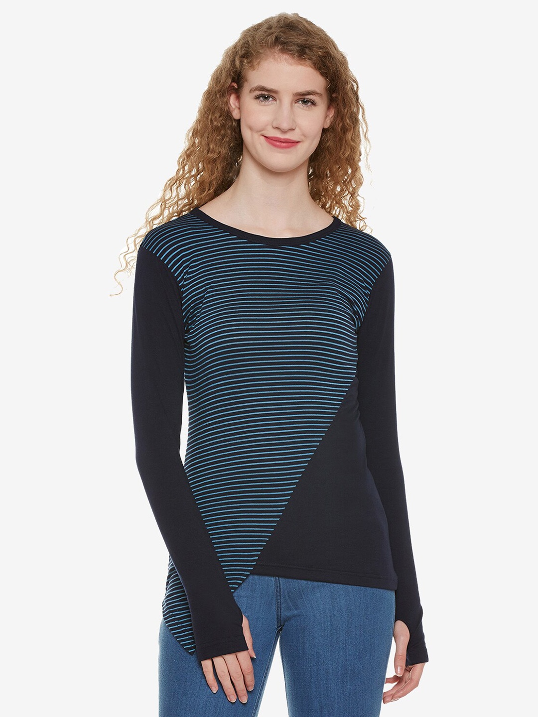 

Hypernation Striped Round Neck Cotton T-shirt, Navy blue