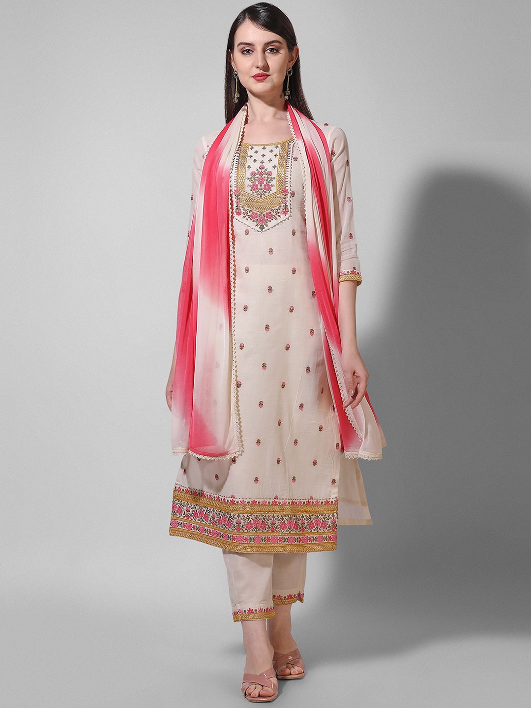

Berrylicious Floral Embroidered Gotta Patti Pure Cotton Kurta with Trousers & Dupatta, Beige