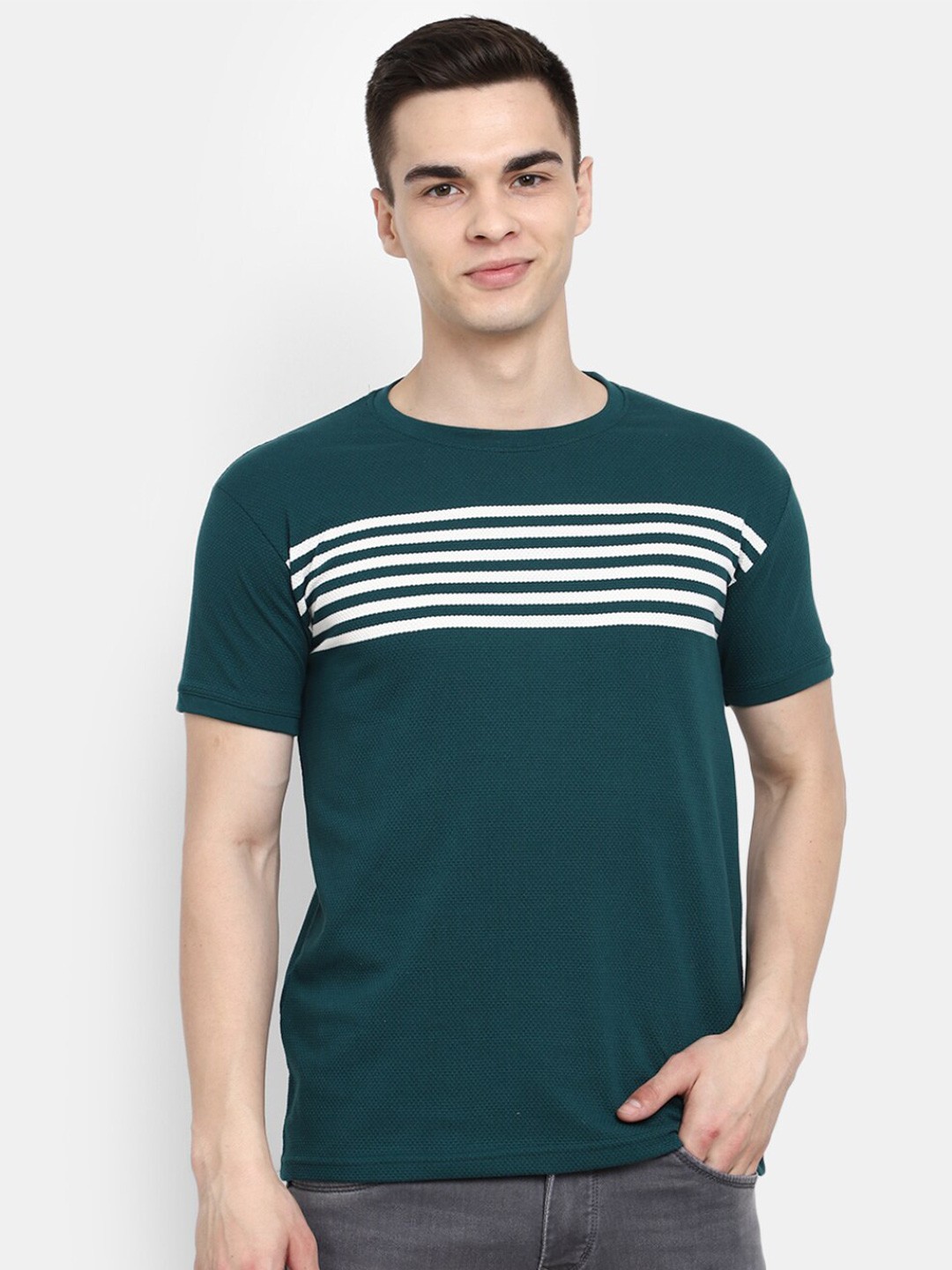

V-Mart Striped Slim Fit Cotton T-shirt, Teal