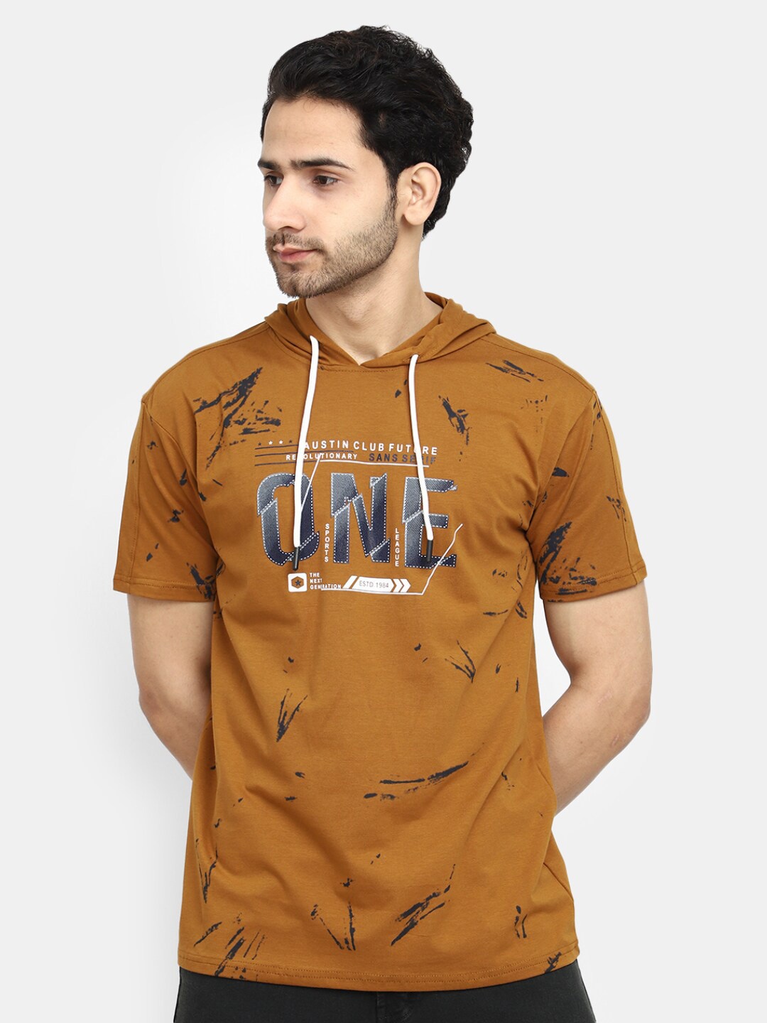 

V-Mart Typography Printed Hooded T-Shirt, Brown