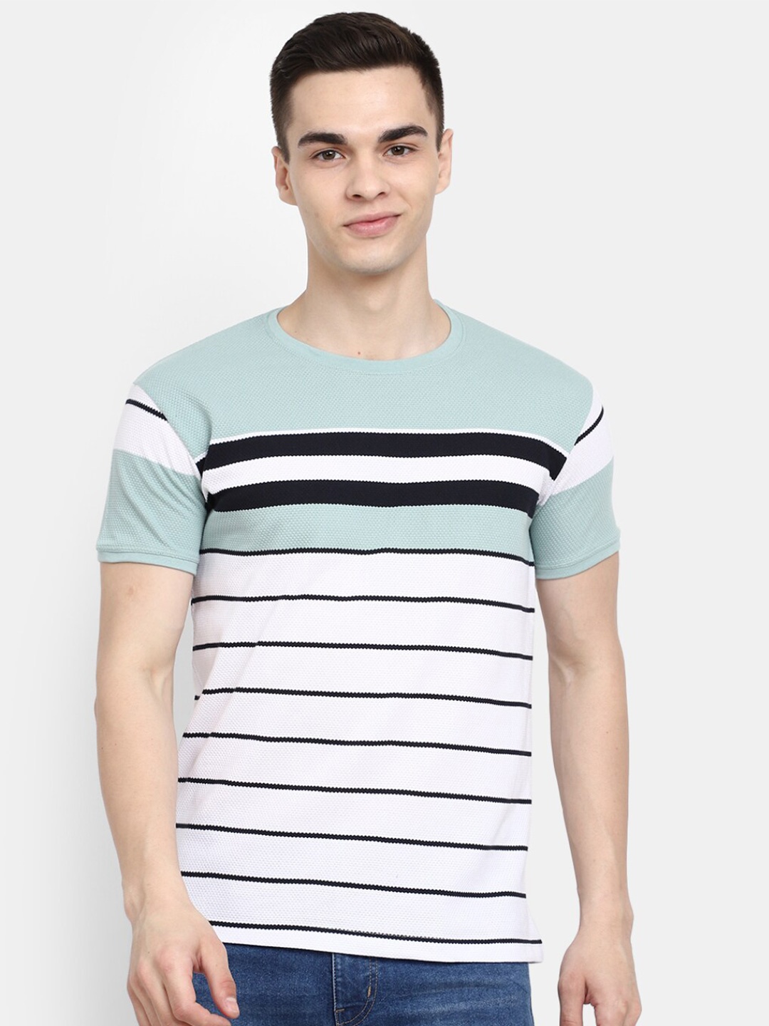 

V-Mart Striped Slim Fit Cotton T-shirt, Sea green