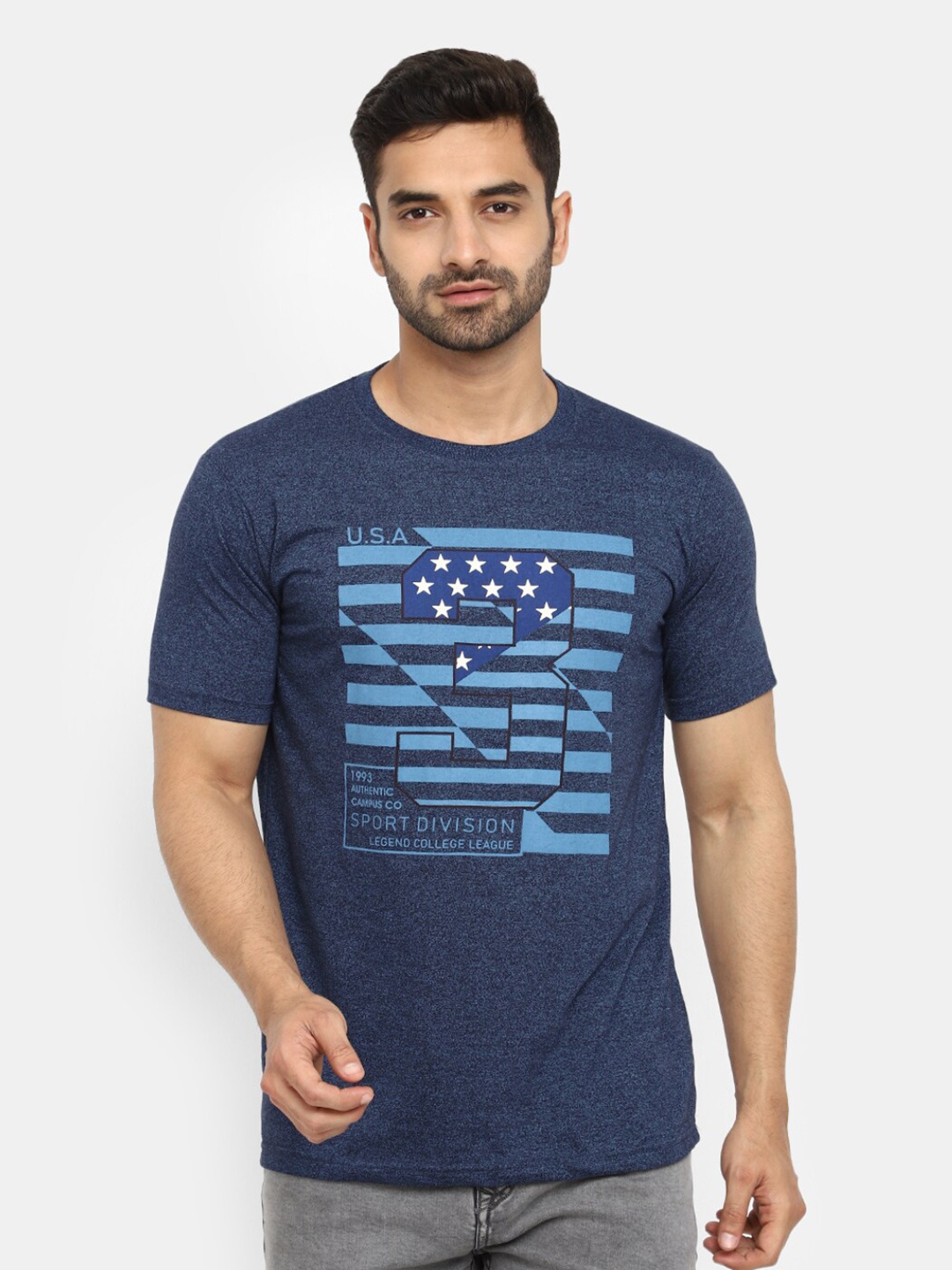 

V-Mart Men Typography Printed Round Neck Cotton Slim Fit T-shirt, Navy blue