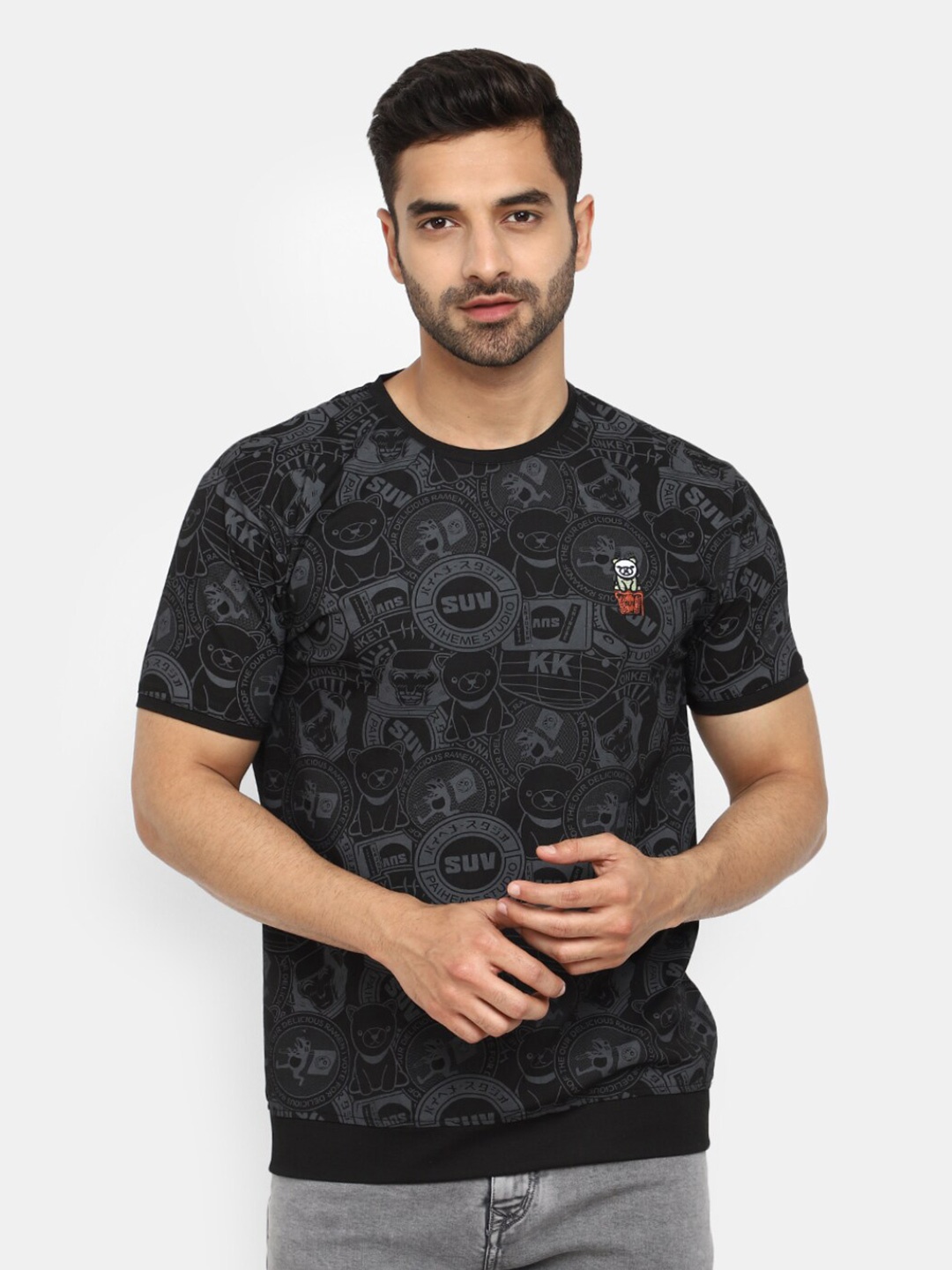 

V-Mart Conversational Printed Cotton T-shirt, Navy blue