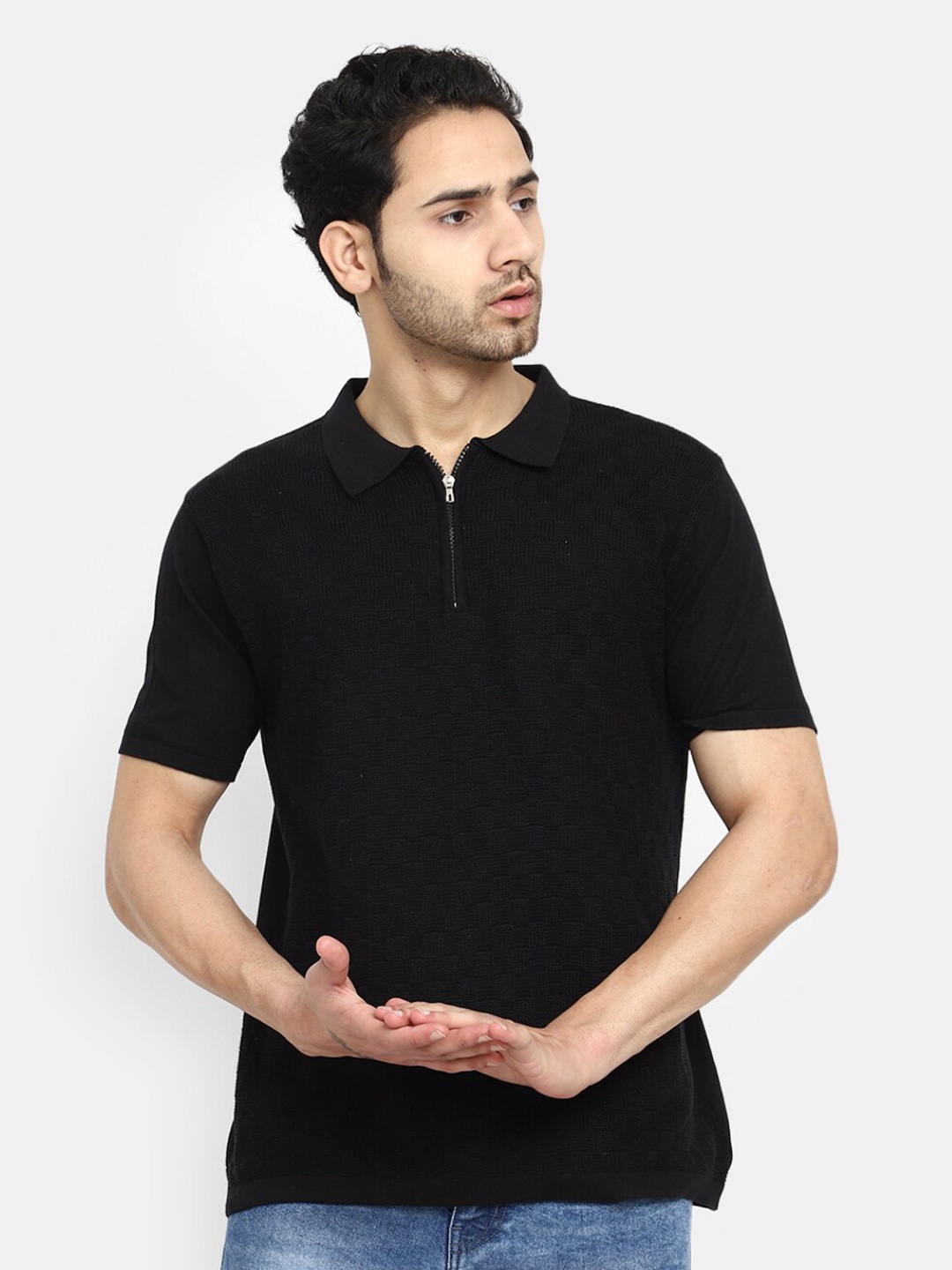 

V-Mart Self Design Polo Collar Short Sleeves Cotton T-shirt, Black