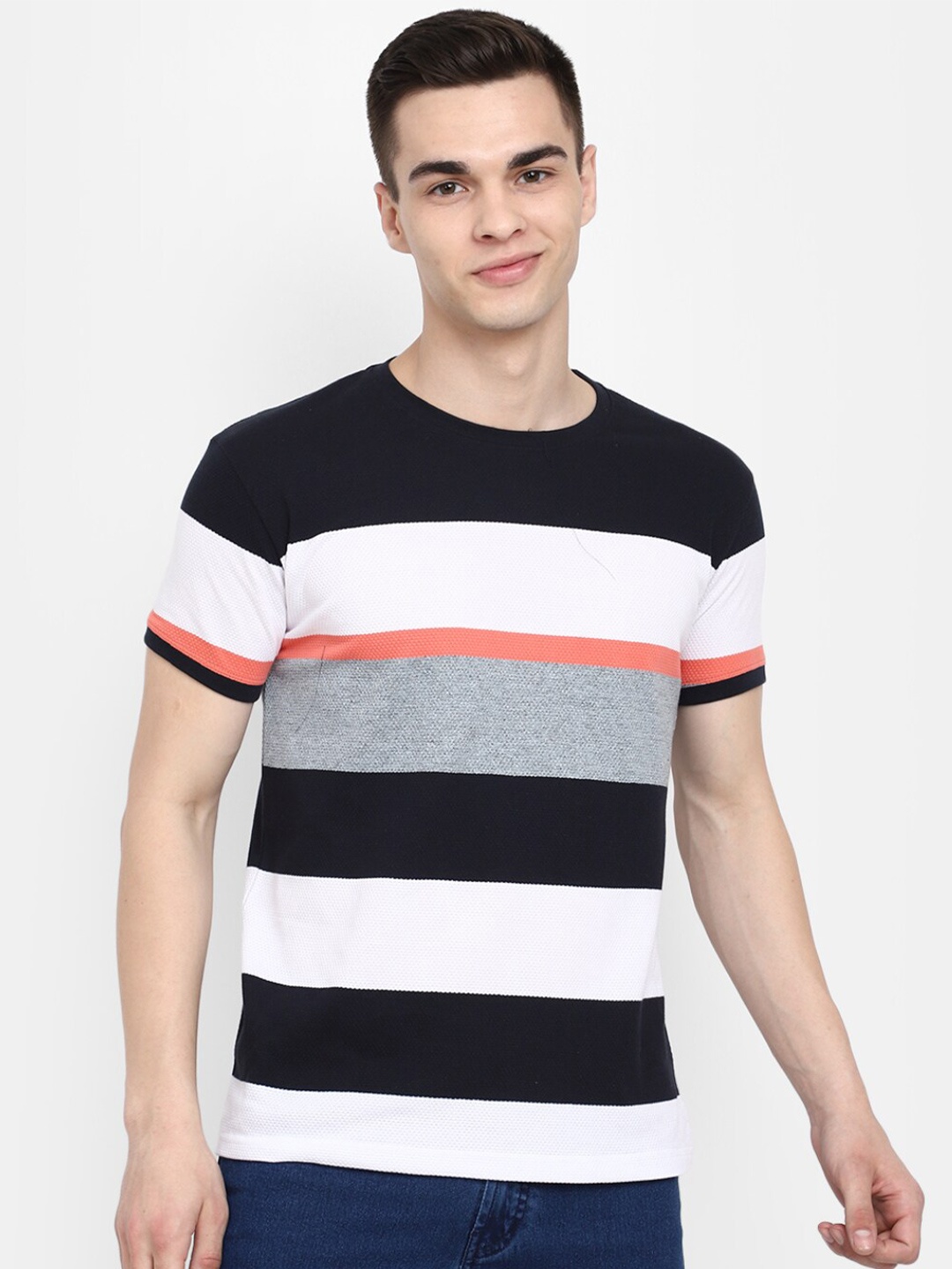 

V-Mart Striped Round Neck Cotton Slim Fit T-shirt, Navy blue