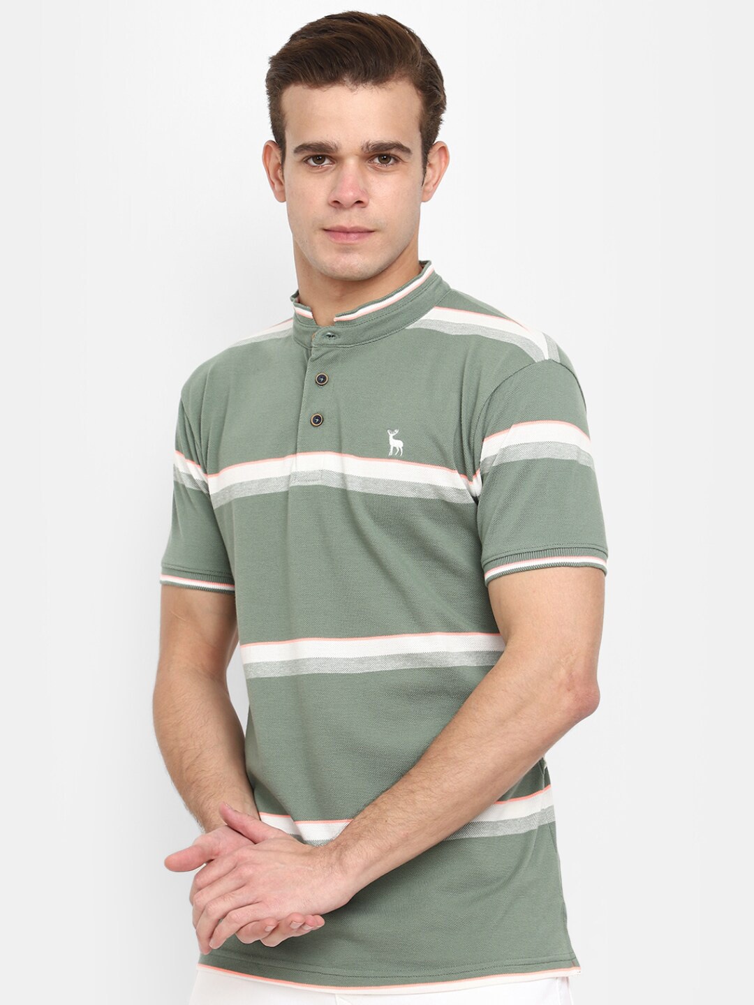 

V-Mart Horizontal Striped Mandarin Collar T-Shirt, Olive