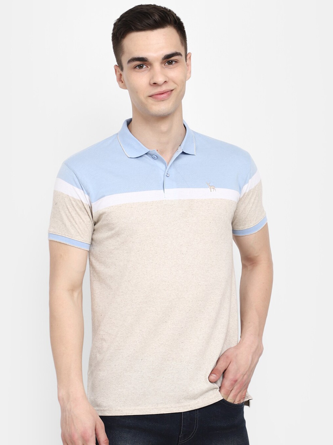 

V-Mart Colourblocked Polo Collar Cotton T-shirt, Beige