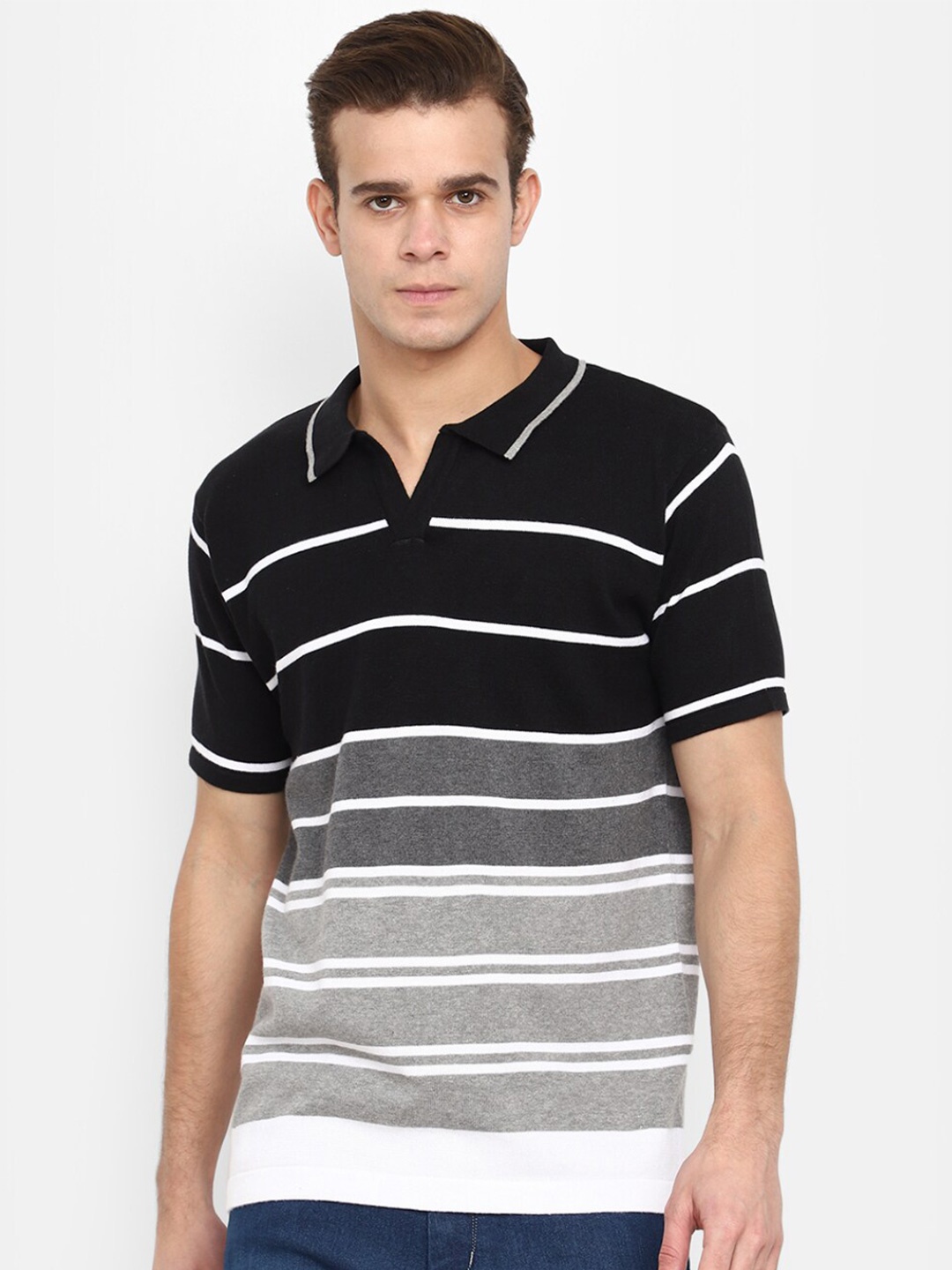 

V-Mart Men Horizontal Striped Polo Collar Slim Fit Cotton T-Shirt, Grey