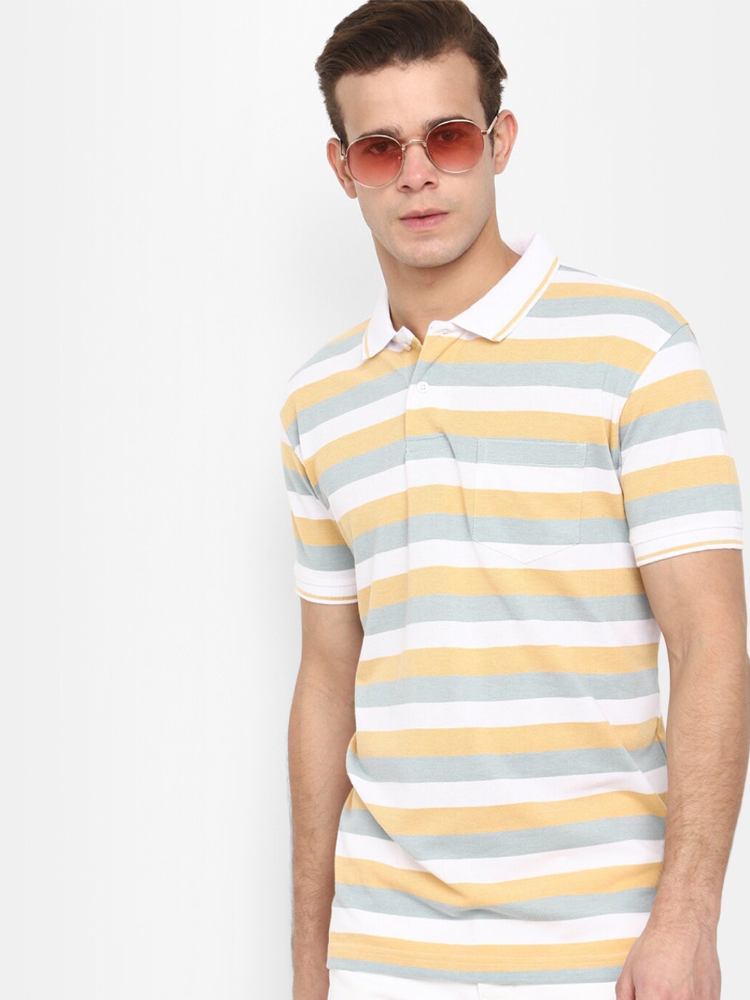 

V-Mart Men Horizontal Striped Polo Collar Cotton T-Shirt, White