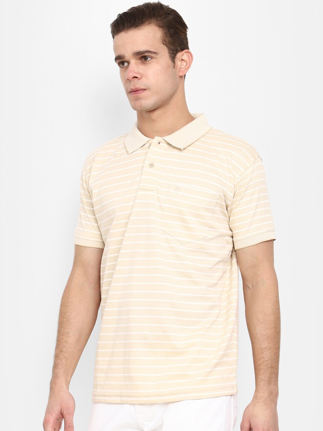 

V-Mart Striped Polo Collar Cotton T-shirt, Beige