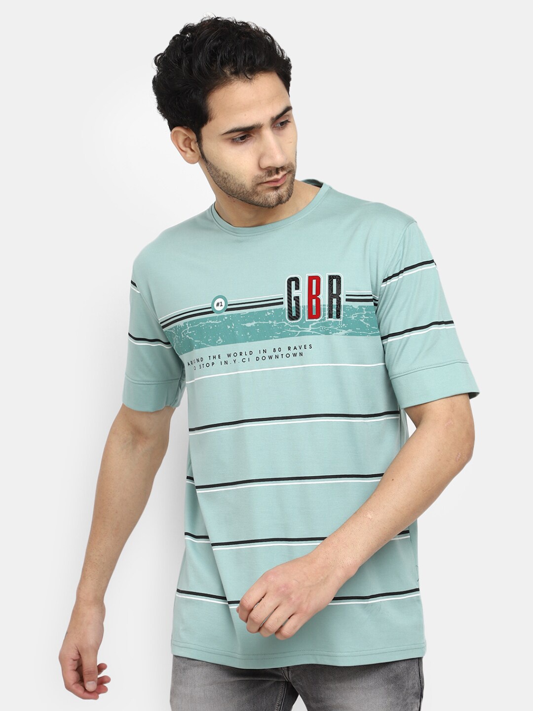 

V-Mart Striped Regular Fit Cotton T-shirt, Green