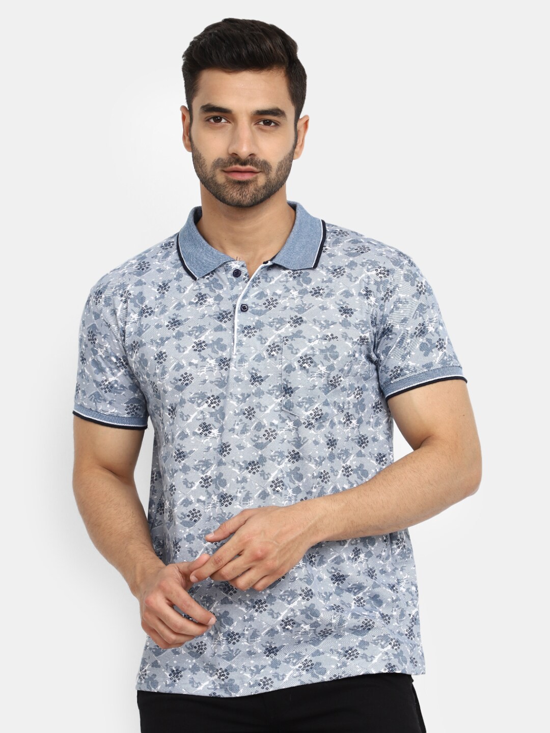 

V-Mart Polo Collar Floral Printed Cotton T-shirt, Blue