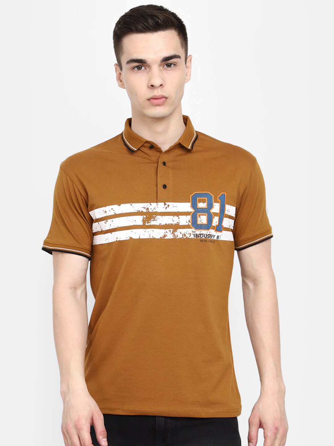 

V-Mart Striped Polo Collar Cotton T-shirt, Brown