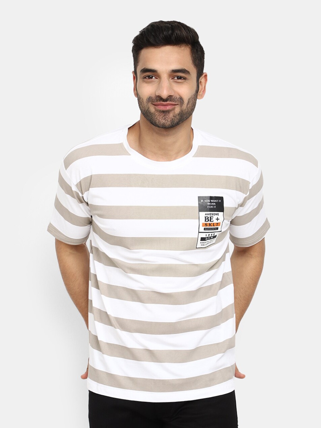 

V-Mart Horizontal Striped Round Neck Cotton T-shirt, White