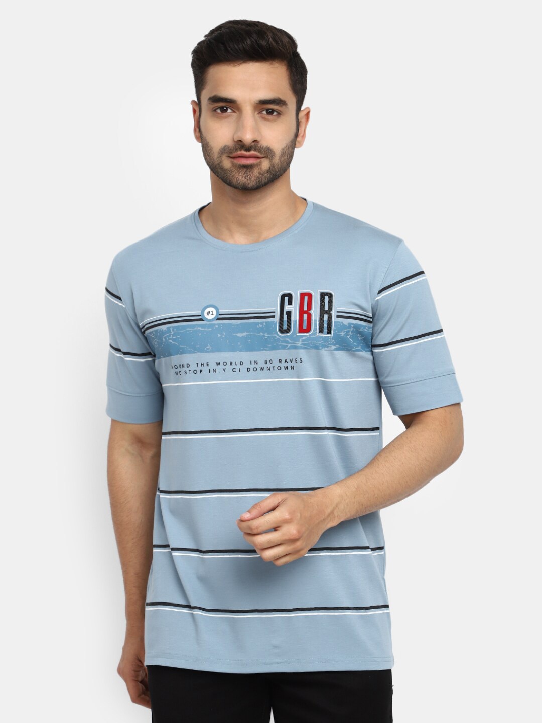 

V-Mart Striped Round Neck Cotton T-shirt, Blue