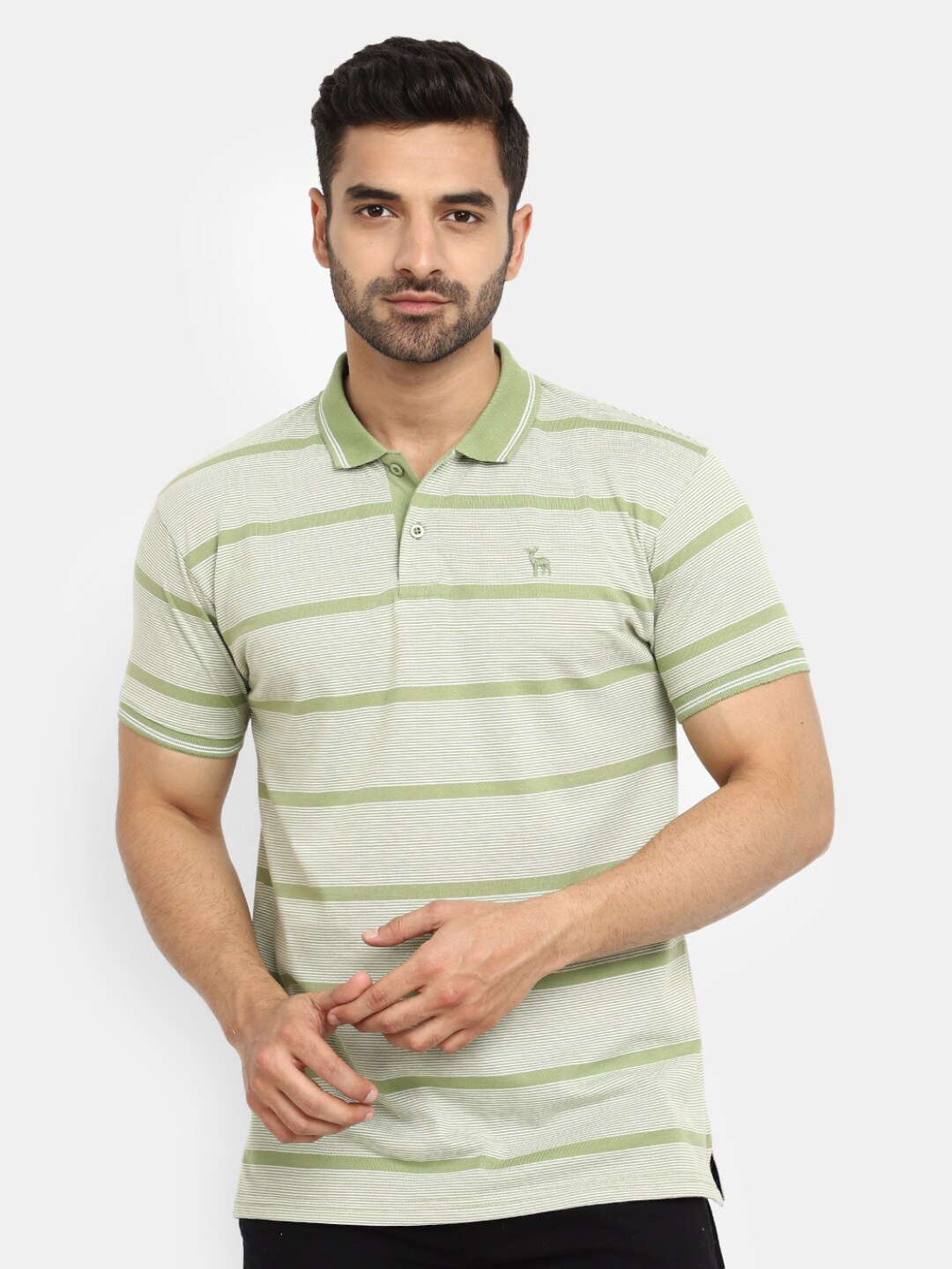 

V-Mart Striped Polo Collar Cotton T-shirt, Green