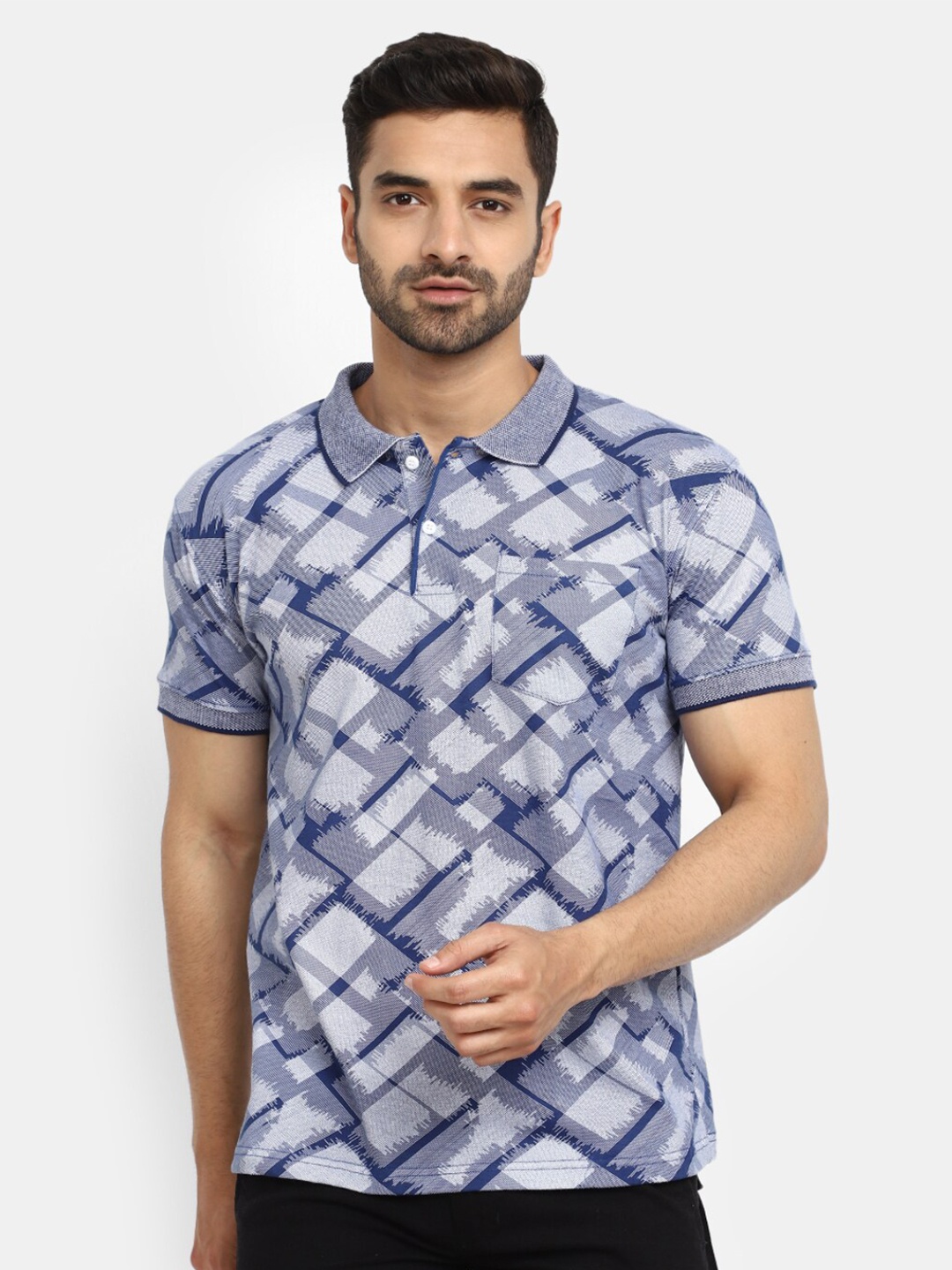 

V-Mart Abstract Printed Polo Collar Cotton T-shirt, Navy blue