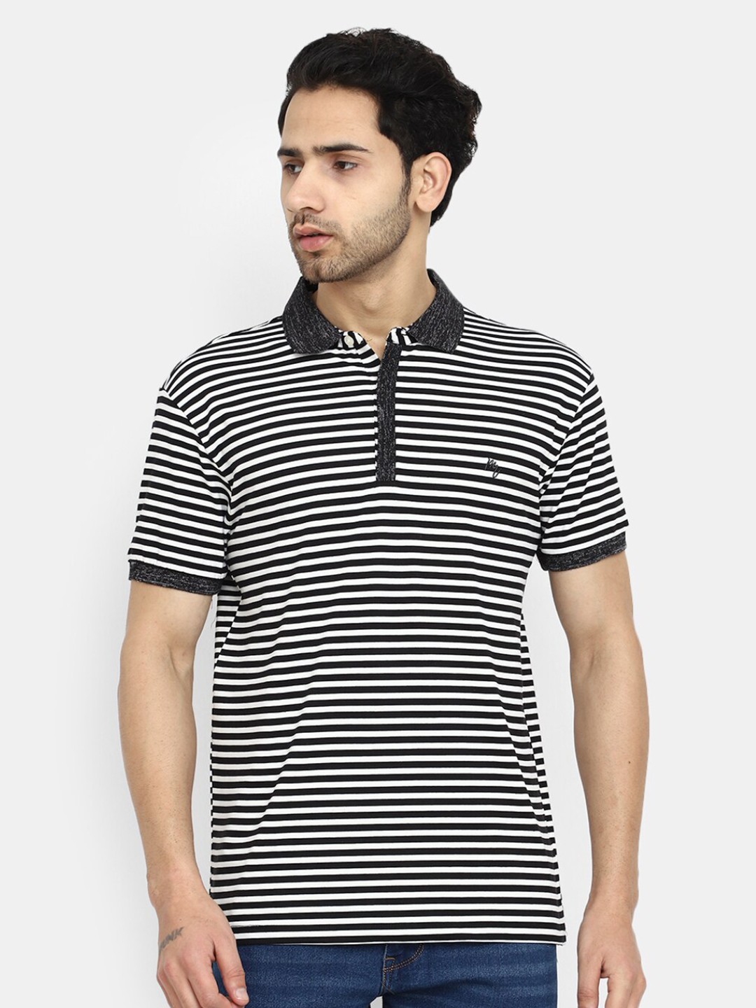

V-Mart Striped Polo Collar Cotton T-shirt, Black
